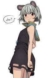 Rule 34 | 1girl, animal ears, capelet, dress, grey dress, grey hair, looking at viewer, mouse ears, mouse tail, nazrin, red eyes, see-through, short hair, simple background, sleeveless, sleeveless dress, smile, solo, tail, touhou, toujou (toujou ramen), translated