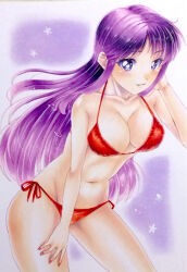 Rule 34 | 1girl, artist request, bears0816, bikini, blush, breasts, cleavage, collarbone, hand on own leg, long hair, looking at viewer, medium breasts, nail polish, navel, parted lips, purple background, purple eyes, purple hair, red bikini, red nails, side-tie bikini bottom, smile, solo, swimsuit, thighs, traditional media