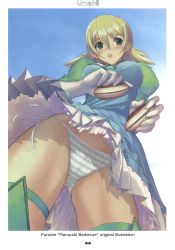 Rule 34 | 00s, 1girl, :o, blonde hair, blush, border, bow, bow panties, day, dress, dual wielding, embarrassed, from below, gaball, gloves, green eyes, green panties, green thighhighs, highres, holding, lace, lace-trimmed panties, lace trim, long hair, looking down, open mouth, outdoors, panties, pantyshot, pleated skirt, scan, short dress, short hair, side-tie panties, skirt, sky, solo, standing, striped clothes, striped panties, surprised, thigh strap, thighhighs, thighs, tony taka, underwear, upskirt, wind, wind lift, yo-yo, zoids, zoids genesis