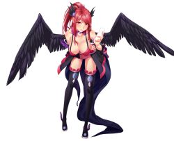 Rule 34 | 00s, 1girl, bad id, bad pixiv id, bent over, black thighhighs, boots, breasts, cleavage, collar, collarbone, detached sleeves, dungeon and fighter, female gunner (dungeon and fighter), hanging breasts, large breasts, leaning forward, mx2j, panties, ponytail, red eyes, red hair, solo, thigh boots, thighhighs, underwear, wings