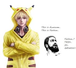 Rule 34 | 2boys, blonde hair, cosplay, creatures (company), english text, game freak, leonidas, multiple boys, nintendo, pikachu (cosplay), pokemon, simple background, tagme, text focus, white background
