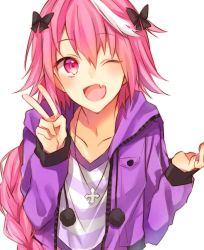 Rule 34 | 1boy, ;d, astolfo (fate), astolfo (memories at trifas) (fate), bad id, bad twitter id, blouse, braid, braided ponytail, collarbone, cross, cross necklace, fang, fate (series), hair ribbon, hood, hoodie, jewelry, long hair, long sleeves, looking at viewer, male focus, necklace, official alternate costume, one eye closed, open mouth, pink eyes, pink hair, ponytail, purple hoodie, ribbon, shirt, single braid, skin fang, smile, solo, standing, striped clothes, striped shirt, tomydayo1031, tongue, trap, v, white background, white hair
