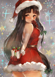 Rule 34 | 1girl, bare shoulders, belt, black hair, blunt bangs, blush, bow, breasts, brown eyes, christmas, closed mouth, cowboy shot, dress, elbow gloves, finger to mouth, floating hair, from behind, fur trim, gift, gloves, green bow, hair bow, hand up, hat, highres, holding, holding gift, kantai collection, long hair, looking at viewer, looking back, low-tied long hair, medium breasts, parted bangs, red dress, red gloves, red hat, santa costume, santa hat, shouhou (kancolle), sidelocks, signature, sleeveless, sleeveless dress, smile, solo, standing, toka (marchlizard), very long hair