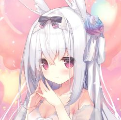 Rule 34 | 1girl, animal ear fluff, animal ears, bare shoulders, black bow, blue flower, blue rose, blush, bow, breasts, cleavage, closed mouth, collarbone, commentary, flower, hair between eyes, hair flower, hair ornament, hairband, hands up, highres, long hair, medium breasts, original, p19, rabbit ears, red eyes, rose, see-through, silver hair, smile, solo, steepled fingers, symbol-only commentary, upper body, virtual youtuber, white bow, white hairband