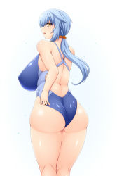 Rule 34 | 1girl, adjusting clothes, adjusting swimsuit, ass, backboob, bad hands, bare shoulders, blue hair, bow, breasts, brown eyes, check commentary, commentary request, competition swimsuit, covered erect nipples, cowboy shot, from behind, gigantic breasts, hair bow, highres, hip focus, huge ass, huge breasts, impossible clothes, impossible swimsuit, latex, legs together, long hair, looking back, minase sayuki (muchigaku), muchigaku, one-piece swimsuit, orange bow, original, plump, ponytail, simple background, skin tight, solo, standing, swimsuit, thick thighs, thighs, wet, white background, wide hips, yellow eyes, zin, zin (goraku hiroba)