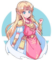 Rule 34 | 1girl, armor, belt, blonde hair, blue background, blue eyes, blush, bracer, breasts, cape, circlet, cleavage, closed mouth, collarbone, commentary request, cropped legs, dress, earrings, gown, hand up, highres, jewelry, long hair, looking at viewer, necklace, nintendo, parted bangs, pauldrons, pearl necklace, pink belt, pink dress, pointy ears, princess zelda, short sleeves, shoulder armor, sidelocks, small breasts, smash ball, smile, solo, standing, straight hair, super smash bros., the legend of zelda, the legend of zelda: a link between worlds, triforce, white background, white cape, yokoyoko (nazonazo)