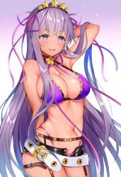 Rule 34 | 1girl, aozora nan, arm behind back, arm behind head, arm up, bb (fate), bb (fate) (all), bb (swimsuit mooncancer) (fate), bb (swimsuit mooncancer) (second ascension) (fate), belt, bikini, black hairband, blush, breasts, commentary request, fate/grand order, fate (series), gradient background, hair ribbon, hairband, highres, long hair, medium breasts, micro shorts, navel, open mouth, pink ribbon, purple background, purple bikini, purple eyes, purple hair, ribbon, shorts, smile, solo, star (symbol), swimsuit, very long hair, white background