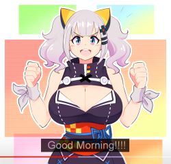 Rule 34 | !, 1girl, blue eyes, blush, breasts, cleavage cutout, clothing cutout, dress, english text, hair ornament, highres, kaguya luna, large breasts, looking at viewer, open mouth, sash, silver hair, sleeveless, sleeveless dress, smile, solo, subtitled, text focus, the moon studio, theycallhimcake, twintails, virtual youtuber