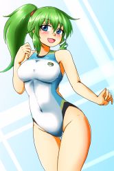 Rule 34 | 1girl, animal print, bad id, bad nicoseiga id, blue background, blue eyes, breasts, competition swimsuit, d-m (dii emu), frog print, green hair, hair ornament, highres, kochiya sanae, long hair, looking at viewer, medium breasts, one-piece swimsuit, open mouth, ponytail, smile, snake hair ornament, solo, swimsuit, touhou, white one-piece swimsuit