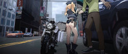 Rule 34 | 1boy, 1girl, age difference, ass, bad id, bad pixiv id, blonde hair, boots, car, commentary request, cutoffs, denim, denim shorts, elbow gloves, gloves, hat, holster, long hair, micro shorts, motor vehicle, motorcycle, original, outdoors, peaked cap, platform boots, platform footwear, police, police girl (waterkuma), police hat, police uniform, policewoman, short shorts, shorts, size difference, standing, star (symbol), twintails, uniform, waterkuma