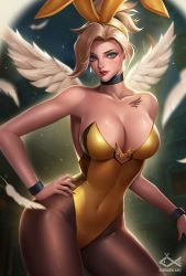 Rule 34 | 1girl, alternate costume, animal ears, artist name, bare shoulders, blonde hair, bloom, blue eyes, breasts, brown pantyhose, chest tattoo, choker, citemer, cleavage, collarbone, contrapposto, covered navel, cowboy shot, earrings, fake animal ears, feathered wings, feathers, hairband, hand on own hip, high ponytail, jewelry, large breasts, leotard, light particles, lips, lipstick, long hair, looking at viewer, makeup, mercy (overwatch), nail polish, overwatch, overwatch 1, pantyhose, parted lips, playboy bunny, rabbit ears, red lips, red nails, shiny skin, short hair, solo, standing, strapless, strapless leotard, tattoo, wings, wrist cuffs, wristband