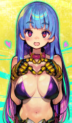 Rule 34 | 1girl, aqua background, bare shoulders, belt, belt collar, bikini, blue hair, breasts, choker, collar, gloves, gold gloves, gradient hair, heart, heart hands, highres, kula diamond, large breasts, long hair, looking at viewer, multicolored background, multicolored hair, navel, onono imoko, open mouth, pants, pink belt, pink choker, pink collar, pink eyes, pink hair, purple bikini, purple pants, smile, solo, stomach, swimsuit, the king of fighters, unzipped, yellow background, yellow gloves, zipper