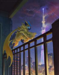 Rule 34 | bird, blue eyes, building, cityscape, claws, commentary request, creatures (company), fence, from below, game freak, gen 1 pokemon, gen 7 pokemon, highres, legendary pokemon, lightning, looking down, mei ford, mythical pokemon, nintendo, outdoors, pokemon, rain, silhouette, squatting, tower, yellow fur, zapdos, zeraora