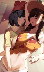 Rule 34 | 3girls, armpits, beanie, black hair, blue eyes, blush, braid, breasts, brown hair, commentary, creatures (company), dual persona, floral print, flower hat, game freak, grabbing, grabbing another&#039;s breast, hand under clothes, hand under shorts, hat, highres, implied fingering, indoors, licking, licking armpit, lifting own clothes, lillie (pokemon), long hair, looking at another, medium breasts, multiple girls, navel, nintendo, one eye closed, peeking, pokemon, pokemon sm, pokemon usum, red eyes, saliva, saliva trail, selene (pokemon), selfcest, shirt, short hair, shorts, sleeveless, sleeveless shirt, sun hat, sunlight, sweat, symbol-only commentary, t-shirt, tongue, tongue out, when you see it, yuri, yuuyuu (yuuki1771)