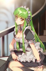 Rule 34 | 1girl, alternate costume, breasts, c.c., cleavage, clothes pull, code geass, creayus, enmaided, green hair, long hair, looking at viewer, maid, maid headdress, sitting, skirt, skirt pull, stairs, wrist cuffs, yellow eyes