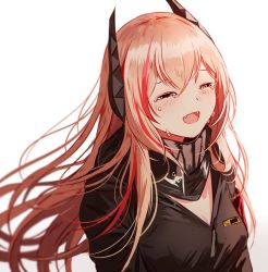 Rule 34 | 1girl, bad id, bad twitter id, black jacket, blush, breasts, crying, fangs, girls&#039; frontline, hair between eyes, happy tears, headgear, jacket, long hair, m4 sopmod ii (girls&#039; frontline), medium breasts, multicolored hair, open mouth, pink hair, red hair, scarf, silence girl, simple background, smile, solo, streaked hair, tears, white background