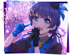 Rule 34 | 1girl, akihitohappy, birthday, blue hair, gloves, happy birthday, highres, link! like! love live!, love live!, link! like! love live!, microphone, murano sayaka, open mouth, smile, solo, twintails