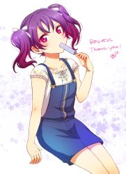Rule 34 | 1girl, character request, collarbone, floating hair, food, gradient hair, hair ribbon, heru (totoben), invisible chair, looking at viewer, multicolored hair, overall skirt, popsicle, purple hair, red eyes, red hair, ribbon, shirt, short sleeves, sitting, solo, twintails, two-tone hair, white ribbon, white shirt