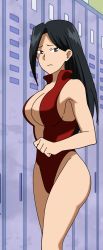 Rule 34 | 1girl, :s, alternate hairstyle, armpits, arms at sides, ass, bare shoulders, belt, black hair, boku no hero academia, breasts, center opening, cleavage, clenched hand, clenched hands, closed mouth, collarbone, collared leotard, fingernails, grey eyes, hair down, highleg, highleg leotard, highres, indoors, large breasts, legs, legs together, leotard, locker, locker room, long hair, long image, looking to the side, neck, nervous, no bra, no panties, red leotard, shiny clothes, shiny skin, sideboob, skin tight, sleeveless, sleeveless leotard, standing, straight hair, tall image, thighs, thighs together, thong leotard, tight clothes, unworn belt, yaoyorozu momo