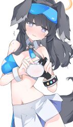 Rule 34 | @ @, ^^^, animal ears, black gloves, black hair, blue-tinted eyewear, blue archive, blunt bangs, blush, breasts, commentary, covered erect nipples, cowboy shot, crop top, cuffs, detached collar, dog ears, dog girl, dog tail, eyewear on head, fingerless gloves, gloves, halo, halterneck, hibiki (blue archive), hibiki (cheer squad) (blue archive), highres, large breasts, long hair, midriff, mikozin, millennium cheerleader outfit (blue archive), miniskirt, navel, paid reward available, parted lips, purple eyes, safety glasses, sidelocks, simple background, skirt, star (symbol), tail, tinted eyewear, white background, white skirt, yellow halo
