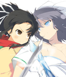 Rule 34 | 10s, 2girls, absurdres, angry, asuka (senran kagura), bare shoulders, black hair, blue eyes, blush, bow, breasts, brown eyes, cleavage, hair bow, hair ribbon, highres, large breasts, looking at another, multiple girls, official art, ponytail, ribbon, scarf, school uniform, senran kagura, senran kagura shinovi versus, short hair, simple background, sword, weapon, white background, yaegashi nan, yumi (senran kagura)