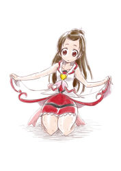 Rule 34 | 1girl, adapted costume, brooch, brown hair, collarbone, cosplay, cure ace, cure ace (cosplay), dokidoki! precure, heart, heart brooch, kneeling, long hair, looking down, madoka aguri, miniskirt, nita (onakatohoppe), open mouth, precure, red eyes, red skirt, simple background, skirt, sleeveless, solo, very long hair, wet, white background