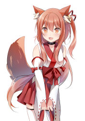 Rule 34 | 1girl, :d, animal ear fluff, animal ears, bare shoulders, bell, belt collar, blush, breasts, brown eyes, brown hair, collar, collarbone, commentary request, commission, cowboy shot, detached sleeves, fang, fox ears, fox tail, hair ribbon, hakama, hakama short skirt, hakama skirt, highres, japanese clothes, jingle bell, long hair, long sleeves, looking at viewer, medium breasts, miko, miniskirt, obi, one side up, open mouth, original, red ribbon, red skirt, ribbon, ribbon-trimmed sleeves, ribbon trim, sash, sasha chii, simple background, skirt, smile, solo, standing, tail, thighhighs, very long hair, white background, white thighhighs, wide sleeves, zettai ryouiki