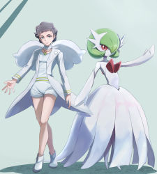 Rule 34 | 2girls, arm up, bare shoulders, blue background, blue eyes, blush, bob cut, brown hair, choker, closed mouth, coat, collarbone, colored skin, creatures (company), diantha (pokemon), dress, elbow gloves, expressionless, female focus, flat chest, full body, game freak, gardevoir, gen 3 pokemon, gloves, green hair, hair over one eye, happy, highres, itsudzumi, jewelry, jumpsuit, light blush, long sleeves, looking at viewer, multiple girls, necklace, nintendo, open clothes, open coat, outstretched arm, pokemon, pokemon (creature), pokemon xy, red eyes, shoes, short hair, short jumpsuit, simple background, smile, split mouth, standing, strapless, strapless dress, white choker, white coat, white dress, white footwear, white gloves, white jumpsuit, white skin