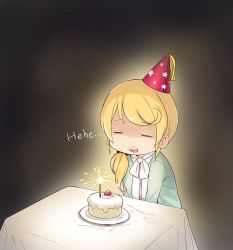 Rule 34 | 1girl, black background, blue cardigan, cake, candle, cardigan, chibi, closed eyes, denchuubou, ellen baker, food, fruit, hat, icing, long hair, new horizon, open mouth, party hat, ponytail, red hat, scrunchie, shaded face, shirt, simple background, sitting, smile, solo, strawberry, table, tablecloth, white shirt