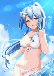 Rule 34 | 1girl, :d, ahoge, bikini, blue hair, blue sky, blush, breasts, cleavage, clenched hand, cloud, collarbone, commentary, cowboy shot, curvy, facing viewer, flower, front-tie bikini top, front-tie top, groin, hair between eyes, hair flower, hair ornament, hair over breasts, halterneck, hand up, happy, head tilt, heart, heart ahoge, highres, hololive, kamachi (kamati0maru), large breasts, light rays, long hair, looking at viewer, midriff, navel, open mouth, outdoors, outstretched arm, pointy ears, ponytail, sidelocks, sky, smile, solo, sparkle, standing, stomach, swimsuit, very long hair, virtual youtuber, water, water drop, wet, white bikini, white flower, yellow eyes, yukihana lamy