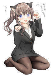 Rule 34 | 1girl, animal ear fluff, animal ears, black hairband, black jacket, black skirt, blue eyes, blush, brown hair, brown pantyhose, cat ears, collared shirt, commentary request, dress shirt, fake animal ears, formal, full body, hair between eyes, hairband, hands up, highres, jacket, kurata rine, long hair, long sleeves, looking at viewer, no shoes, original, pantyhose, paw pose, shirt, side ponytail, simple background, sitting, skirt, skirt suit, solo, suit, translation request, white background, white shirt