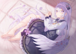 Rule 34 | 1girl, ahoge, angel wings, artist name, azusa (blue archive), barefoot, bed sheet, black dress, black sailor collar, blue archive, dress, feet, flower, frilled dress, frills, hair between eyes, hair flower, hair ornament, halo, highres, jacket, long hair, long sleeves, looking at viewer, lying, on side, parted lips, pink eyes, purple flower, rryiup, sailor collar, signature, soles, solo, toes, white hair, white jacket, white wings, wings, yellow halo