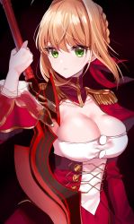 Rule 34 | 10s, 1girl, aestus estus, ahoge, blonde hair, blush, braid, breasts, cleavage, closed mouth, collarbone, dress, epaulettes, fate/extra, fate (series), french braid, green eyes, hair intakes, highres, holding, holding sword, holding weapon, large breasts, looking at viewer, misumi (macaroni), nero claudius (fate), nero claudius (fate) (all), nero claudius (fate/extra), red dress, simple background, solo, sword, weapon