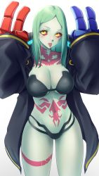 Rule 34 | 1girl, absurdres, alternate breast size, artificial eye, bare shoulders, black bra, black jacket, black panties, blush, bra, breasts, cleavage, collarbone, colored sclera, colored skin, cyberpunk (series), cyberpunk edgerunners, forehead, green hair, highres, jacket, large breasts, leg tattoo, long hair, long sleeves, looking at viewer, mechanical eye, neck tattoo, open mouth, panties, parted bangs, rebecca (cyberpunk), red eyes, red sclera, somebody (leiking00), stomach tattoo, tattoo, thighs, tongue, tongue out, underwear, white skin