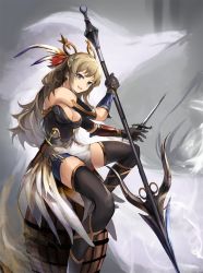 Rule 34 | 1girl, bare shoulders, barrel, black thighhighs, blonde hair, blue eyes, breasts, cleavage, dagger, eruthika, fantasy, hair ornament, highres, holding, holding weapon, knife, long hair, looking at viewer, medium breasts, open mouth, original, polearm, sheath, sheathed, sitting, smile, solo, spear, thighhighs, unsheathed, weapon