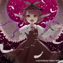 Rule 34 | 1girl, animal ears, bird ears, bird wings, brown dress, brown hat, dress, feathered wings, feathers, fingernails, frilled dress, frilled sleeves, frills, hachipuyo, hat, juliet sleeves, long fingernails, long sleeves, mystia lorelei, nail polish, official art, open mouth, pink hair, puffy sleeves, purple nails, red eyes, sharp fingernails, short hair, smile, solo, touhou, touhou cannonball, white wings, winged hat, wings