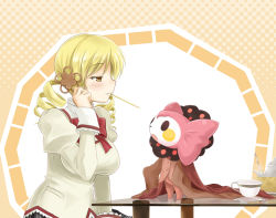 Rule 34 | 10s, 1girl, blonde hair, blush, brown dress, cake, charlotte (madoka magica), chibi, cup, dress, drill hair, food, fork, hand in own hair, imminent kiss, mahou shoujo madoka magica, mahou shoujo madoka magica (anime), okitakung, pink hair, pocky, pocky kiss, school uniform, shared food, table, teapot, tomoe mami, twin drills, twintails, yellow eyes, yuri
