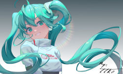 Rule 34 | 1girl, absurdres, ahoge, aqua eyes, aqua hair, arms at sides, breasts, crop top, crop top overhang, cropped jacket, flame print, floating hair, goodsmile racing, gradient background, grin, hair between eyes, hatsune miku, head tilt, highres, lens flare, light blush, long hair, long sleeves, looking at viewer, racing miku, racing miku (2022), signature, small breasts, smile, smiley face, solo, twintails, upper body, very long hair, vocaloid, w-t