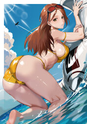 Rule 34 | 1girl, absurdres, aircraft, airplane, all fours, arm strap, ass, bare legs, barefoot, bikini, blue sky, border, breasts, brown eyes, brown hair, cloud, commentary request, commission, contrail, day, dutch angle, earrings, eyewear on head, fading border, feet, fingernails, foot out of frame, highres, jewelry, kneepits, kouya no kotobuki hikoutai, large breasts, lens flare, light rays, long hair, looking at viewer, mole, mole under eye, nail polish, ocean, outdoors, outside border, parted lips, pink nails, side-tie bikini bottom, skeb commission, sky, soles, solo, string bikini, stud earrings, sunbeam, sunglasses, sunlight, swimsuit, teeth, turning head, water, white border, yagi (joe731842), yellow bikini, zara (kouya no kotobuki hikoutai)