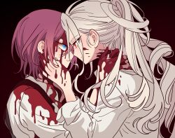 Rule 34 | 2boys, bad id, bad pixiv id, blood, blood on clothes, blood on face, blue eyes, closed mouth, collared shirt, ensemble stars!, eye contact, face-to-face, from side, grey hair, hair between eyes, hand on another&#039;s face, hand on another&#039;s neck, long hair, long sleeves, looking at another, male focus, meremero, multiple boys, noses touching, open mouth, ponytail, ran nagisa, red eyes, saegusa ibara, shirt, short hair, smile, upper body, white shirt, yaoi
