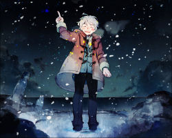 Rule 34 | 1boy, 21grams, bad id, bad pixiv id, breath, coat, closed eyes, facial mark, landscape, male focus, night, night sky, no.6, open mouth, pointing, shion (no.6), short hair, sky, snow, snowing, solo, white hair