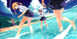 Rule 34 | 4girls, amatani mutsu, barefoot, beach, blue eyes, blue skirt, bow, bowtie, brown eyes, brown hair, rabbit, cloud, day, feet, kujou shion, leaning forward, unworn legwear, looking at viewer, looking back, multiple girls, ocean, official art, onishima homare, out of frame, outdoors, plant, pleated skirt, red bow, red neckwear, sagara riri, scenery, school uniform, shirt, short hair, skirt, sky, sleeves rolled up, sounan desuka?, standing, standing on one leg, suzumori asuka, sweater vest, text focus, toes, twintails, water, wet, wet clothes, white shirt, wringing clothes, wringing skirt