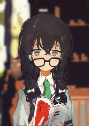 Rule 34 | 1girl, absurdres, black eyes, black hair, black jacket, blazer, blurry, blurry background, book, bow, braid, cevio, closed mouth, collared shirt, commentary request, glasses, green eyes, green necktie, hair bow, hanakuma chifuyu, hands up, highres, holding, holding book, jacket, kabuyama kaigi, long sleeves, looking down, low twin braids, multicolored eyes, multiple hair bows, necktie, open book, reading, school uniform, shirt, solo, synthesizer v, twin braids, upper body, white bow, white shirt, white sleeves