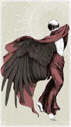 Rule 34 | 1boy, arm up, barefoot, bell7545, black hair, black wings, border, cloak, covered mouth, feathered wings, from side, full body, grey background, half-closed eyes, halo, highres, looking to the side, male focus, original, outside border, red cloak, red robe, robe, short hair, solo, standing, wings
