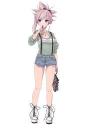 Rule 34 | 1girl, absurdres, asymmetrical hair, bag, black ribbon, blue eyes, blue ribbon, blue shorts, boots, breasts, cleavage, collarbone, contemporary, cross, cross necklace, denim, denim shorts, earrings, fate/grand order, fate (series), full body, green sweater, hair ribbon, hane yuki, highres, holding, holding bag, jewelry, long hair, medium breasts, miyamoto musashi (fate), necklace, pink hair, ribbon, short shorts, shorts, simple background, solo, suspender shorts, suspenders, sweater, white background, white footwear