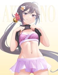 Rule 34 | 1girl, ahoge, akebono (kancolle), bell, bikini, black shirt, blush, character name, clothes lift, cowboy shot, flower, from below, gradient background, grin, hair bell, hair flower, hair ornament, highres, jingle bell, kantai collection, long hair, looking at viewer, looking down, mizoki kei, navel, pink bikini, pink flower, purple eyes, purple hair, shirt, shirt lift, short sleeves, side ponytail, smile, solo, swimsuit, white flower