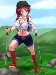 Rule 34 | 1girl, :o, absurdres, aqua eyes, artist name, artist request, backpack, bag, bare legs, belt, blouse, blue eyes, blue pants, blue sky, blush, bootle, boots, braid, breasts, brown belt, brown footwear, brown hair, cloud, collarbone, collared shirt, cross-laced footwear, day, emma verde, female focus, freckles, full body, grass, grey headwear, hair between eyes, hair tie, highres, hiking, hiking outfit, hill, knee boots, long hair, looking at viewer, love live!, love live! nijigasaki high school idol club, medium breasts, mountain, outdoors, pants, parted lips, red hair, shirt, short pants, sky, smile, solo, sweat, sweat shirt, sweatdrop, tied shirt, twin braids, twintails, water bootle, white shirt
