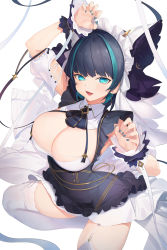 Rule 34 | 1girl, absurdres, animal ears, aqua eyes, aqua nails, azur lane, blue hair, breastless clothes, breasts, cat ears, cheshire (azur lane), cleavage, detached sleeves, dress, fake animal ears, frilled hairband, frills, garter straps, hairband, highres, jam (nandade), large breasts, long hair, maid, maid headdress, nail polish, paw pose, purple dress, purple hair, short sleeves, simple background, solo, thighhighs, white background, white dress, white thighhighs, wrist cuffs