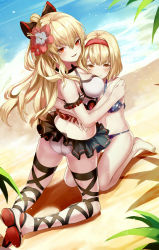 Rule 34 | 10s, 2girls, alternate costume, ankle lace-up, arm garter, arms around waist, ass, back, bare legs, bare shoulders, barefoot, beach, bikini, bikini skirt, black bow, black ribbon, blonde hair, blue bikini, blush, bow, breast press, breasts, brown eyes, cleavage, closed mouth, cross-laced footwear, djeeta (granblue fantasy), eredhen, flower, frilled bikini, frills, from above, full body, granblue fantasy, hair between eyes, hair bow, hair flower, hair ornament, hairband, halterneck, hand on another&#039;s shoulder, hibiscus, highres, hug, kneeling, large breasts, leg ribbon, light particles, long hair, looking at viewer, multiple girls, ocean, outdoors, parted lips, plant, polka dot, polka dot bikini, ponytail, red eyes, red flower, red footwear, ribbon, shade, shadow, shoes, short hair, sitting, smile, stomach, swimsuit, vira (granblue fantasy), wariza, yuri