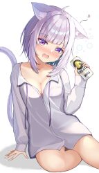 Rule 34 | 1girl, :d, absurdres, animal ear fluff, animal ears, arm support, beer can, blush, breasts, can, cat ears, cat girl, cat tail, cleavage, commentary, drink can, drunk, fang, highres, holding, holding can, hololive, long sleeves, looking at viewer, medium breasts, naked shirt, nekomata okayu, nekomata okayu (oversized shirt), open mouth, partially unbuttoned, purple eyes, purple hair, purple ribbon, rappi, ribbon, shirt, short hair, sitting, smile, squeans, tail, virtual youtuber, white background, white shirt